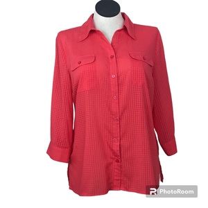 Kim Roger button up shirt women’s size L Color Orange 3/4 roll tab sleeves
